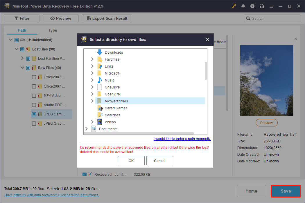 File saving window in MiniTool Power Data Recovery showing available storage paths.