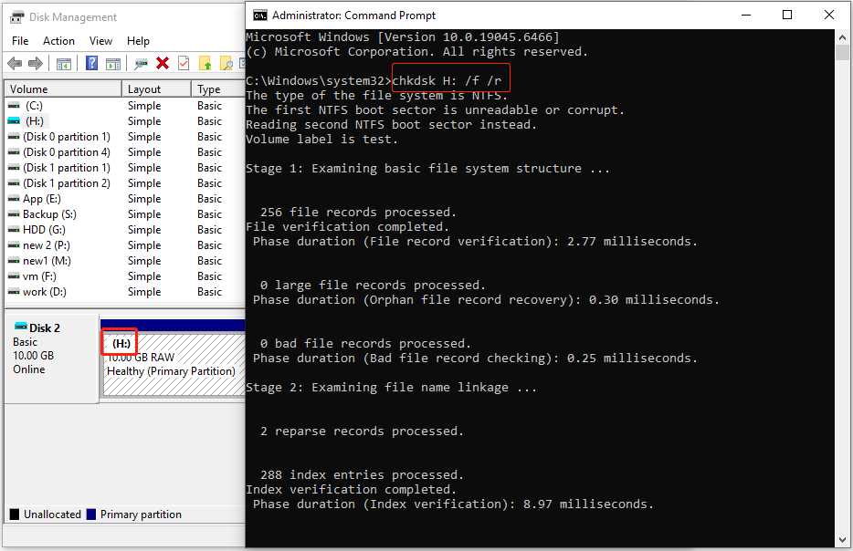 Command Prompt window showing the CHKDSK command running on the H: drive to repair file system errors.