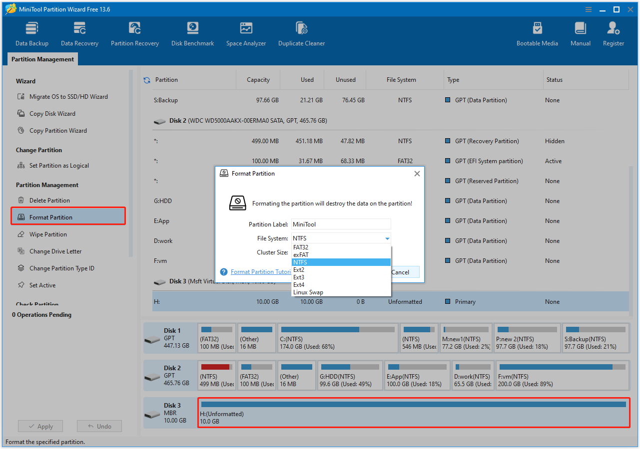 Format Partition interface in MiniTool Partition Wizard showing available file systems.