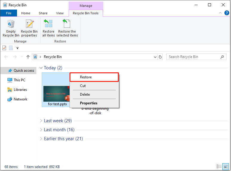 Recycle Bin interface with the Restore button highlighted to recover the PPTX file.