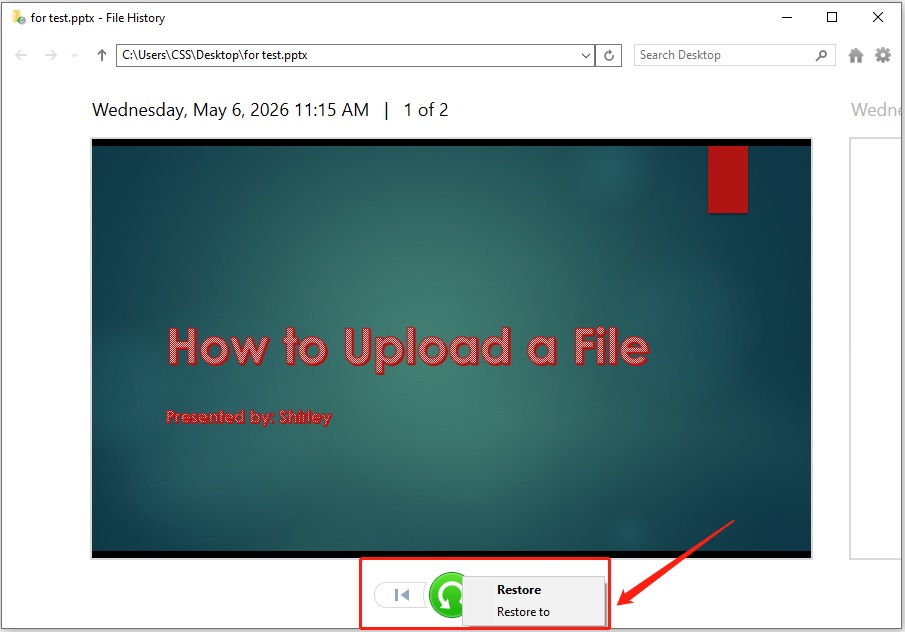 File History interface showing the Restore and Restore to buttons.