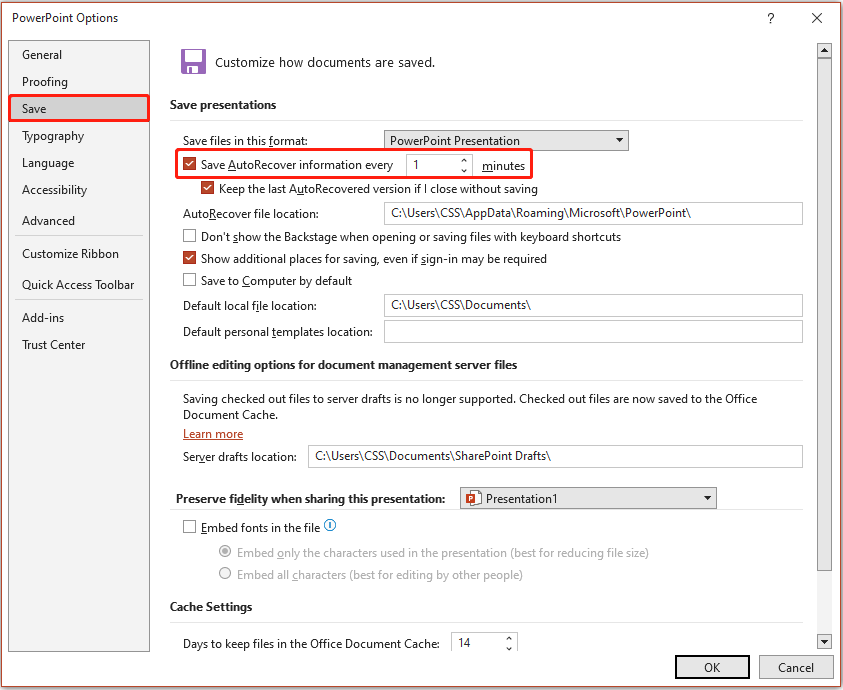 PowerPoint Options window showing AutoRecover backup interval settings.