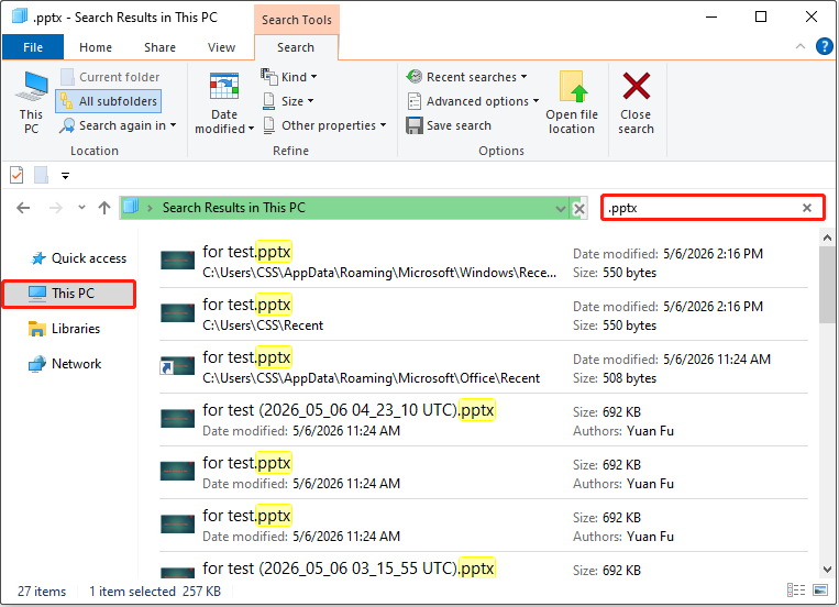 File Explorer interface showing the search results of .pptx.