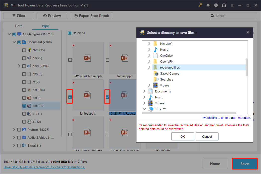 MiniTool Power Data Recovery file saving interface showing available storage locations.