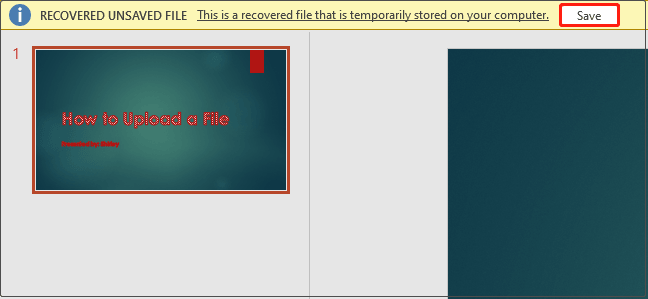 PowerPoint AutoRecover window prompting to save a recovered file.
