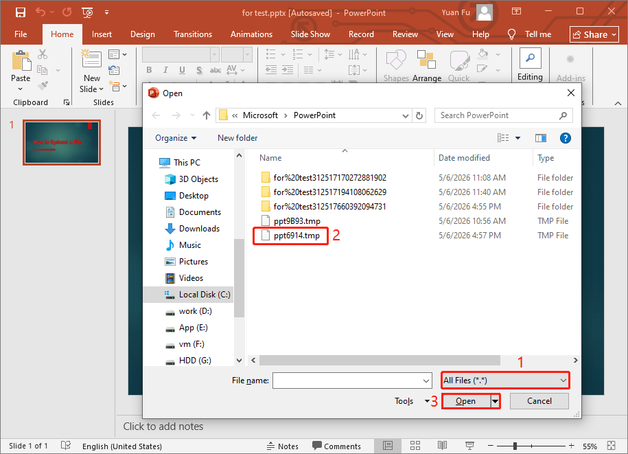 File Explorer showing PowerPoint AutoRecover temporary files for recovery.