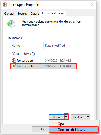 File properties window showing available previous versions and the highlighted Open in File History button.