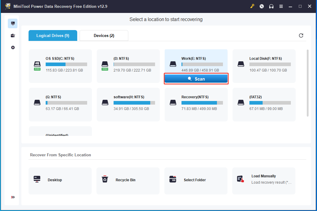 The main interface of MiniTool Power Data Recovery with Scan selected.