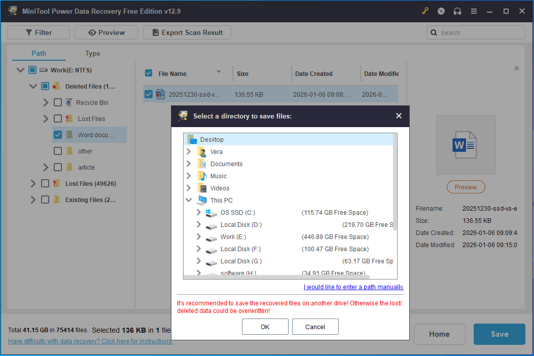 The MiniTool Power Data Recovery window with a file selected to recover to the Desktop.