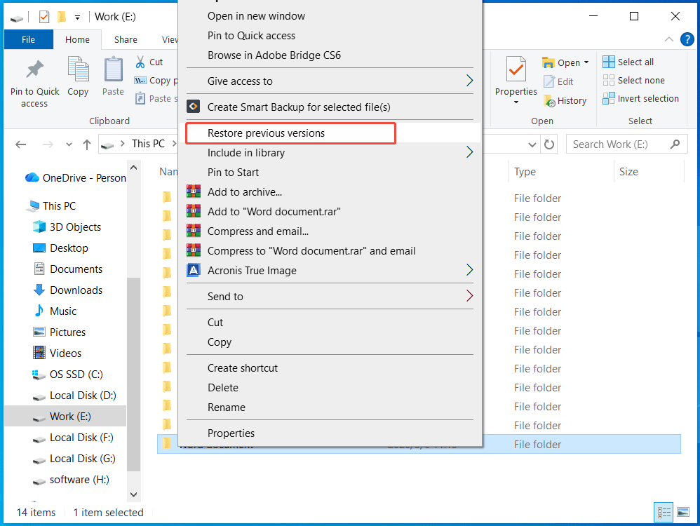 The File Explorer window with an open context menu of a folder to restore previous versions.