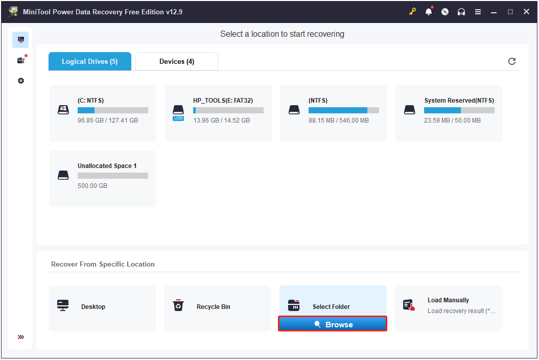 The interface of MiniTool Power Data Recovery with highlighted Select Folder and selected Browse.