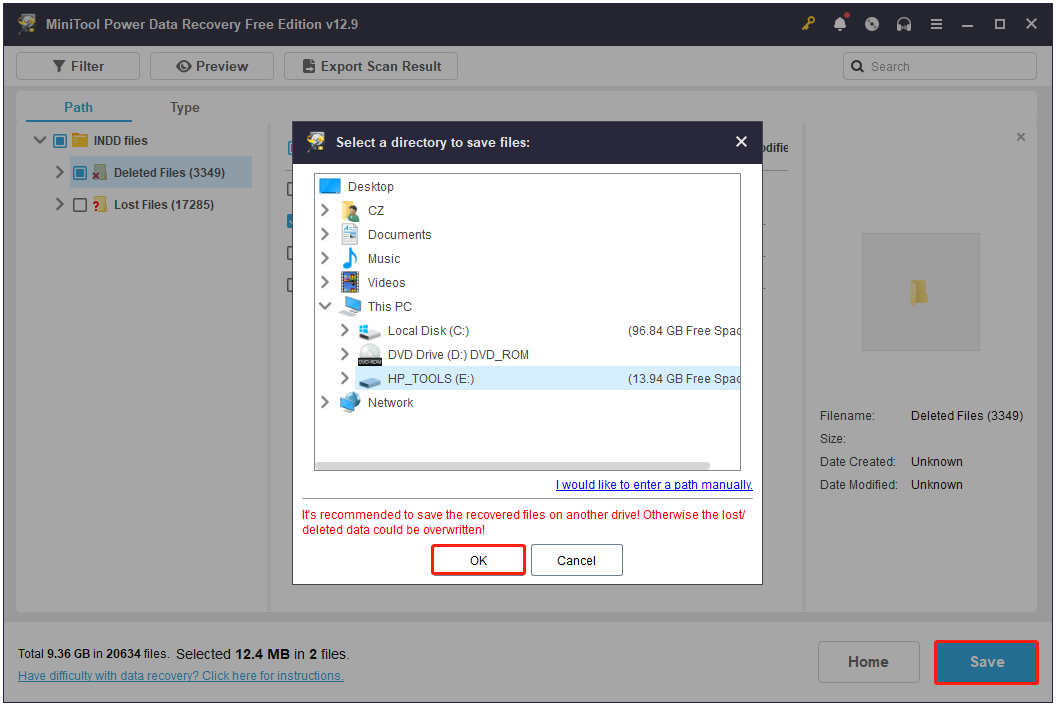 The interface of MiniTool Power Data Recovery with selected Save and OK.
