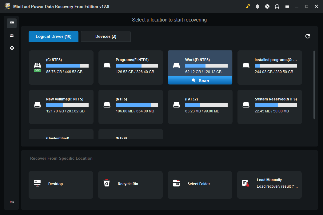 The MiniTool Power Data Recovery main interface with all detected drives displayed.