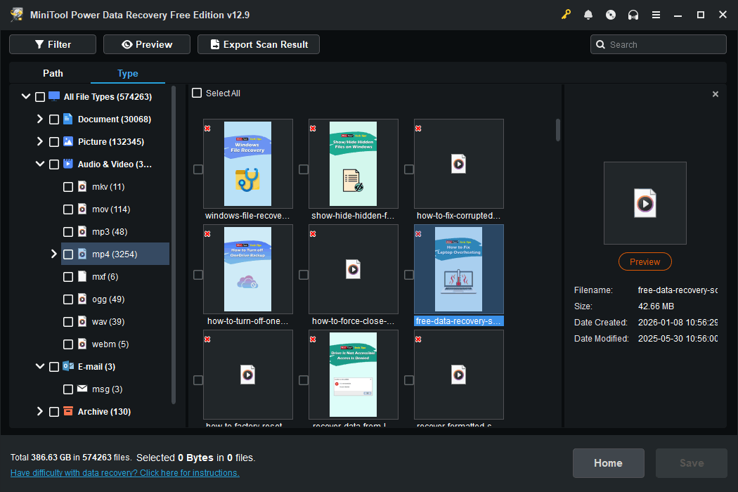 The MiniTool Power Data Recovery scan results interface with video partial video results displayed.