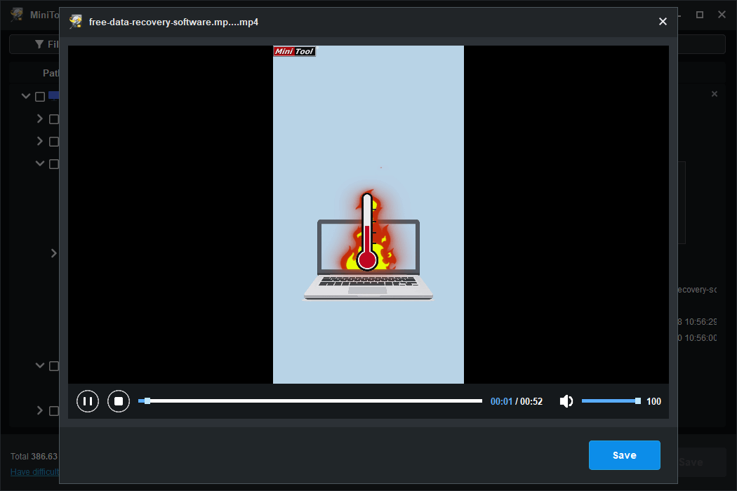 The MiniTool Power Data Recovery preview interface with a video preview.