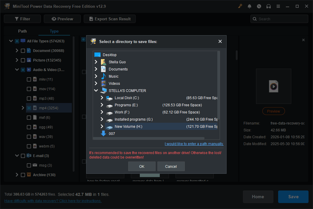 The MiniTool Power Data Recovery interface with a pop-up small window for selecting a storage location to save the selected files for data recovery.