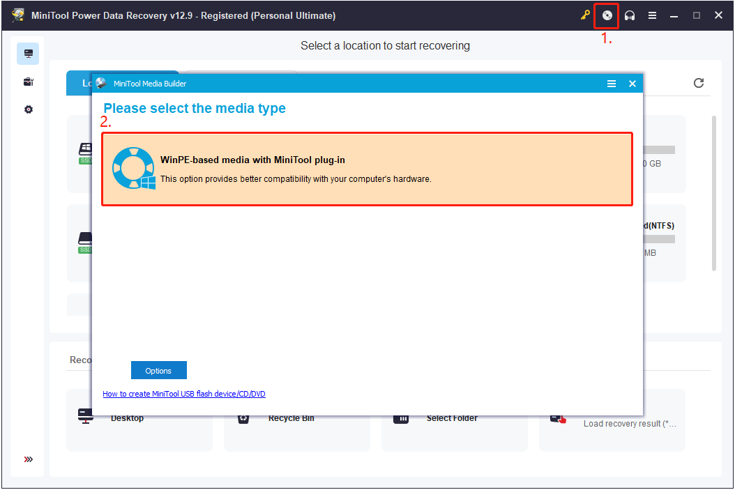 The interface of MiniTool Power Data Recovery showing how to create bootable media.