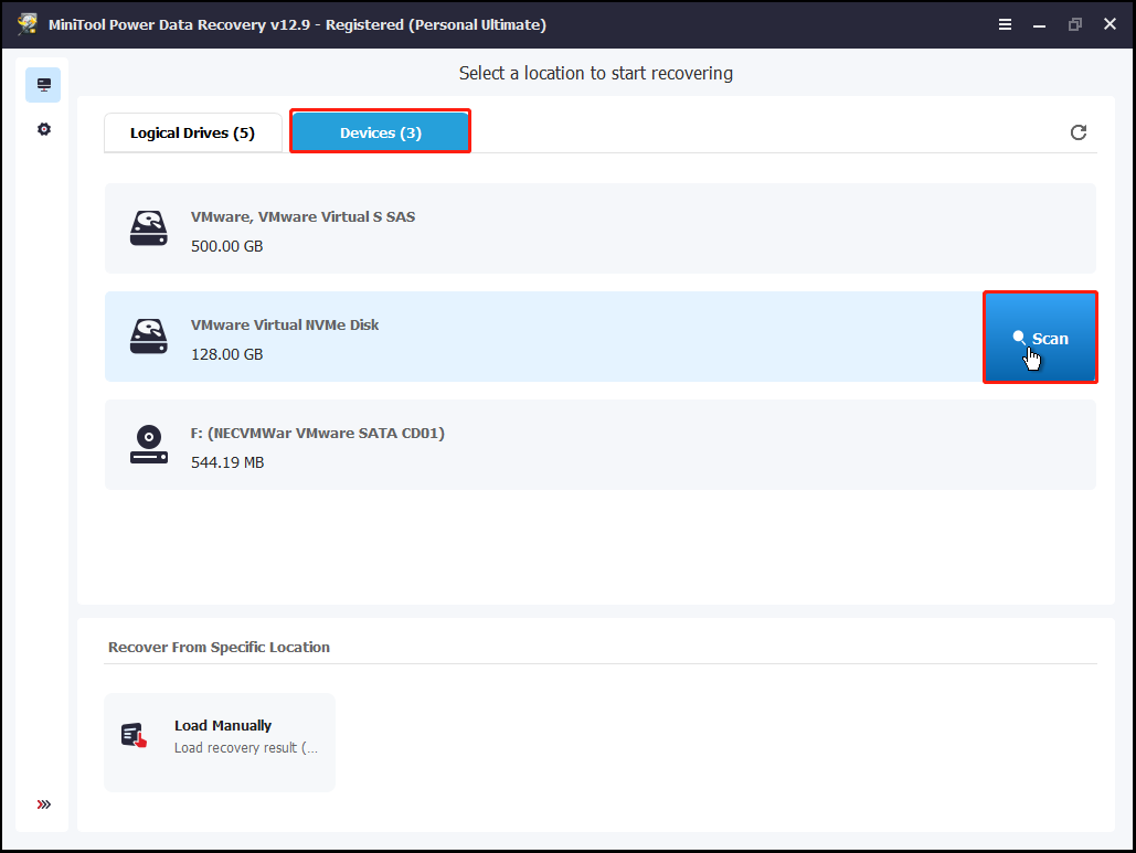 The interface of MiniTool Power Data Recovery with selected Devices and Scan.