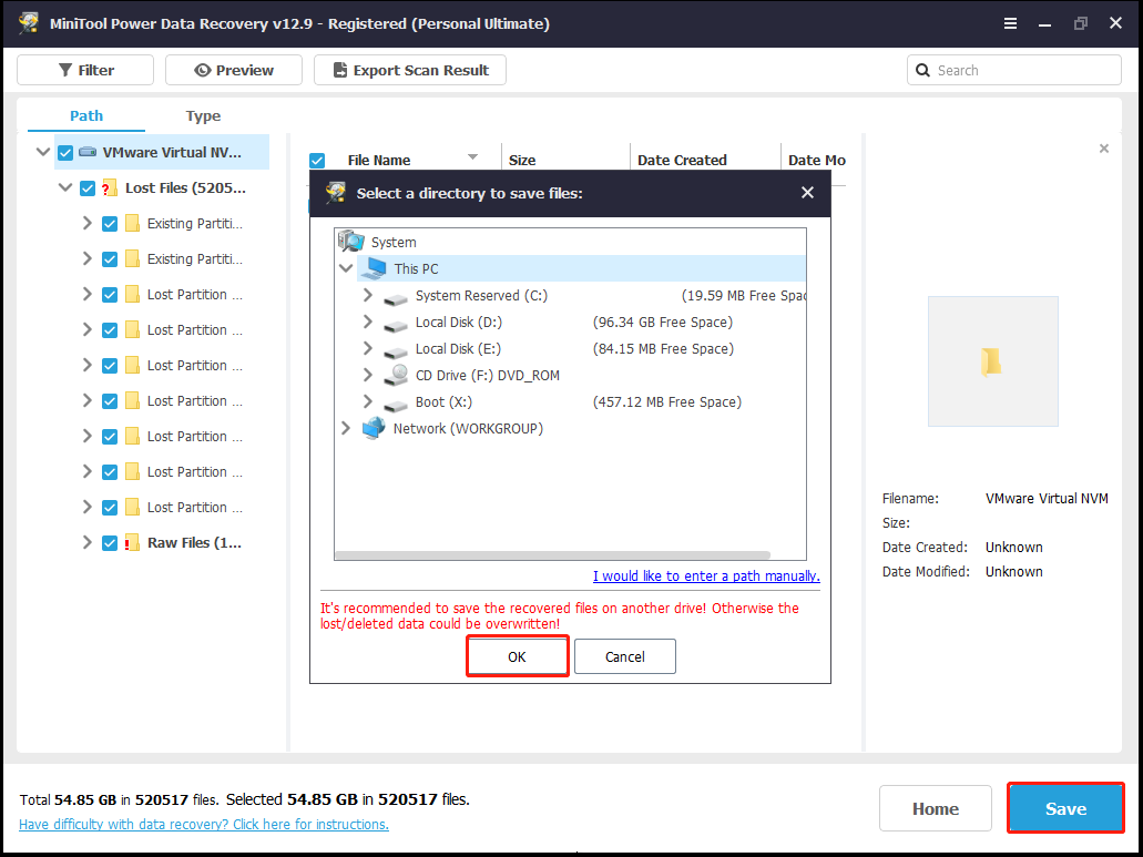 The interface of MiniTool Power Data Recovery with selected Save and OK.