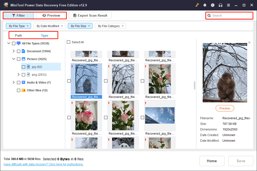 MiniTool Power Data Recovery scan results interface showing multiple JPG pictures.