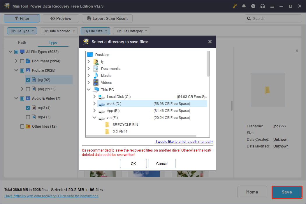 MiniTool Power Data Recovery interface showing the highlighted Save button and available storage paths.