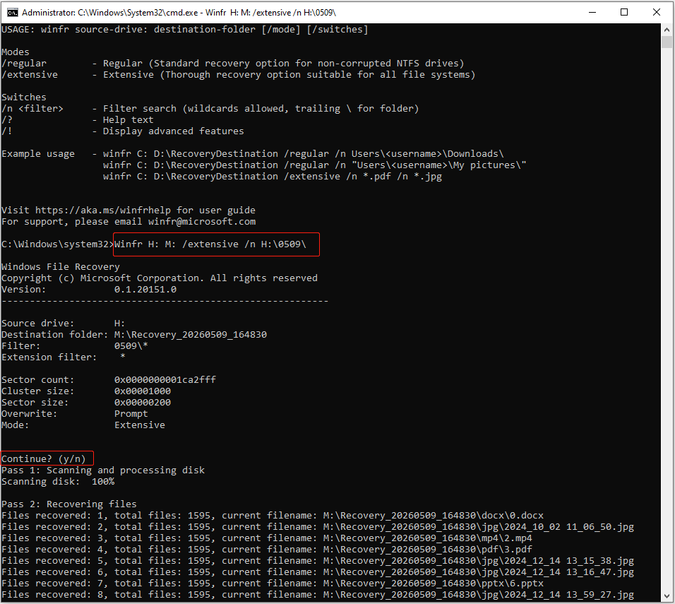 Windows File Recovery interface showing the Winfr command to recover files from the H: drive.