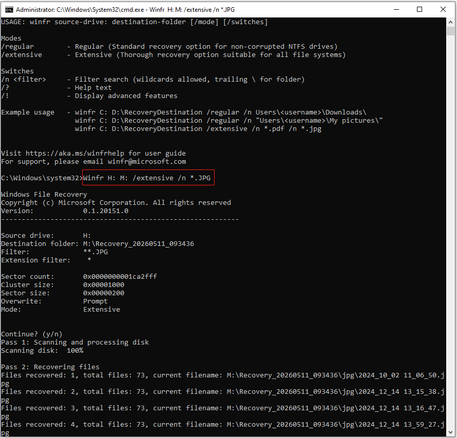 Windows File Recovery interface showing the Winfr command to recover JPG files.