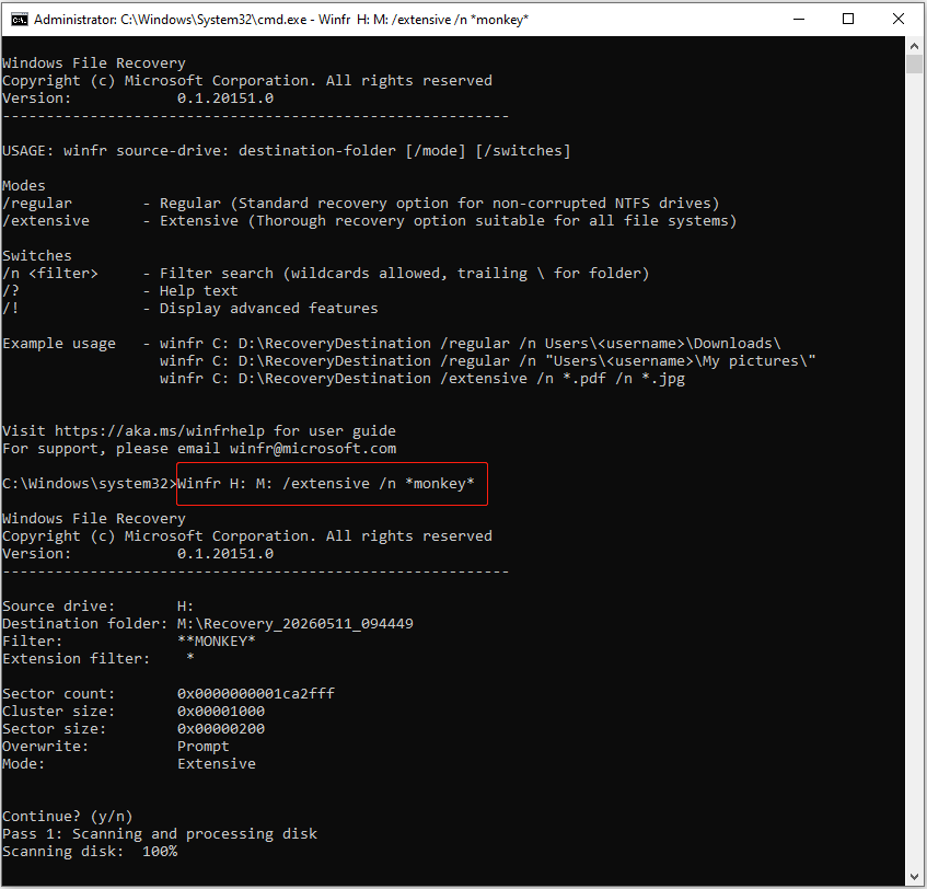 Windows File Recovery interface with the Winfr command to recover files with monkey in the file name.