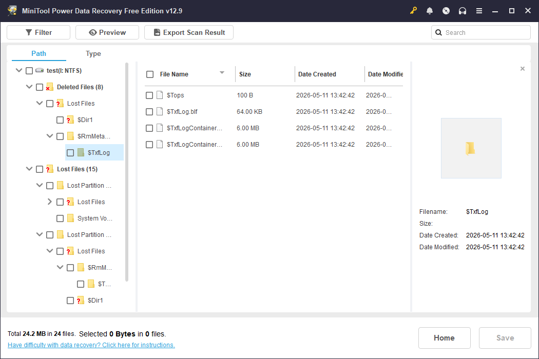 MiniTool Power Data Recovery scan results page showing no recoverable files.