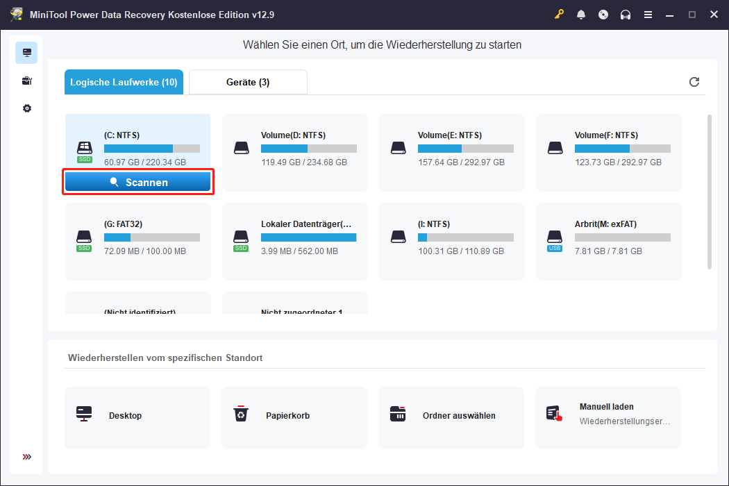Die Oberfläche von MiniTool Power Data Recovery mit ausgewähltem Scan zur Suche nach verschwundenen Desktop-Dateien.