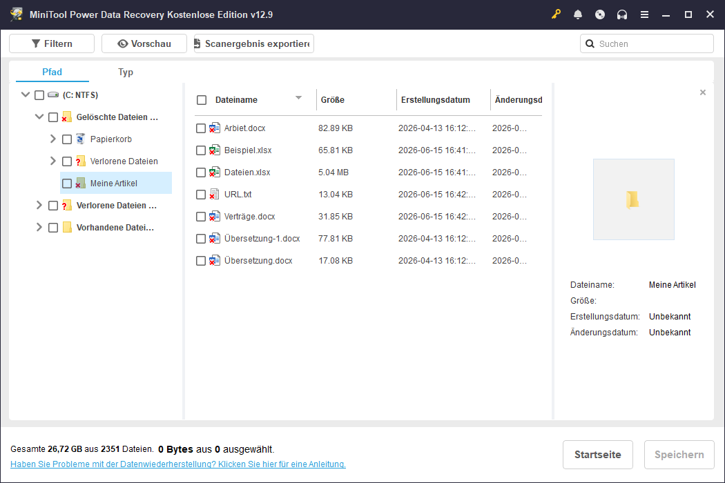 Das Scan-Ergebnisfenster von MiniTool Power Data Recovery.