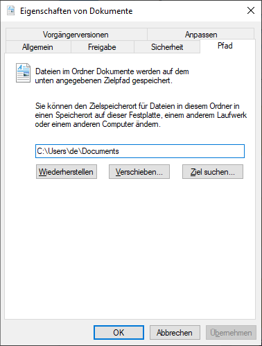 Eigenschaften des Ordners „Dokumente“ zur Überprüfung des Speicherorts.