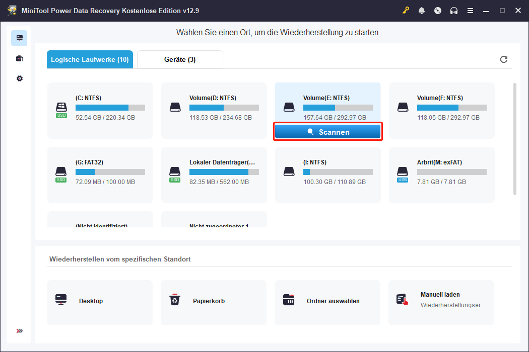 Die Hauptoberfläche von MiniTool Power Data Recovery mit ausgewähltem Scannen.