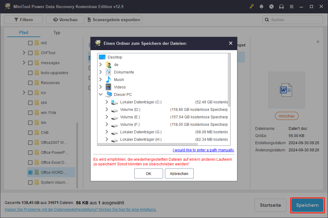 Das Fenster von MiniTool Power Data Recovery mit einer ausgewählten Datei zur Wiederherstellung auf dem Desktop.