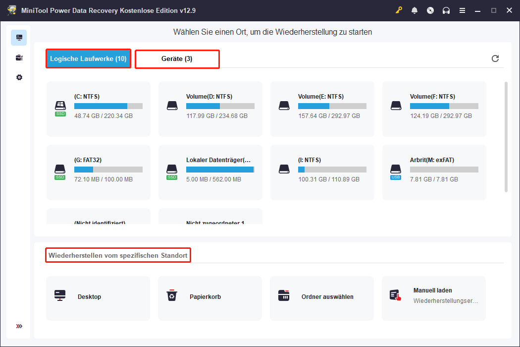 Die Hauptbenutzeroberfläche von MiniTool Power Data Recovery mit angezeigten logischen Laufwerken und dem Modul zur standortbasierten Wiederherstellung
