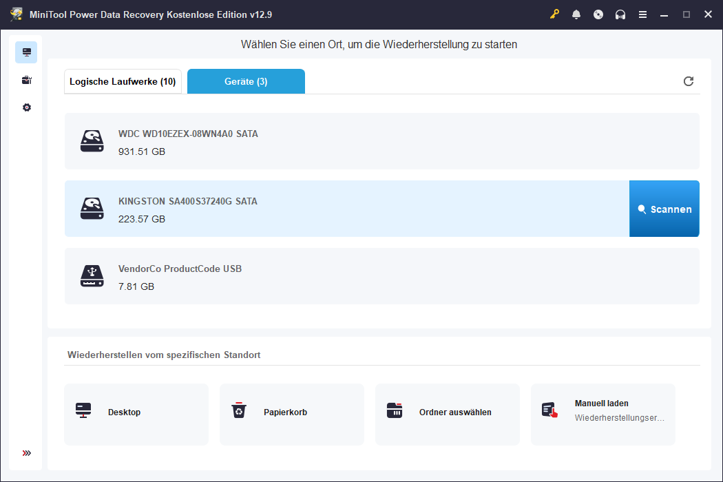 Die Softwareoberfläche von MiniTool Power Data Recovery mit dem zum Scannen markierten Laufwerk KINGSTON