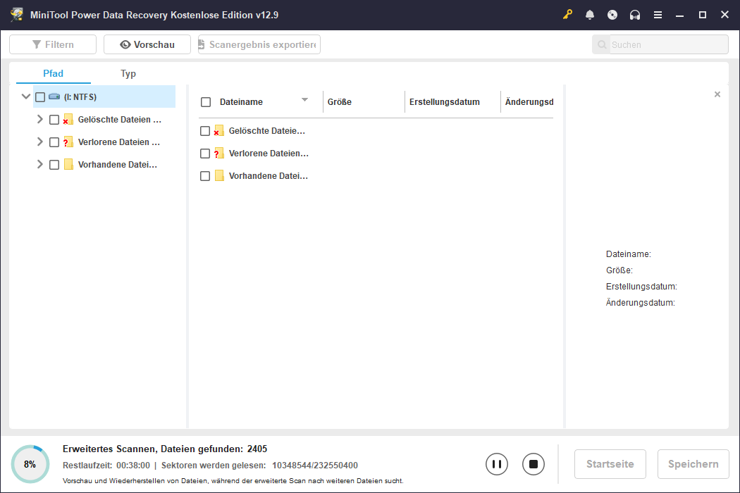 Die Benutzeroberfläche von MiniTool Power Data Recovery mit laufendem erweitertem Scan und angezeigten Teilergebnissen