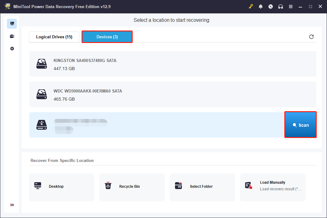The Devices tab in MiniTool Power Data Recovery showing detected disks.
