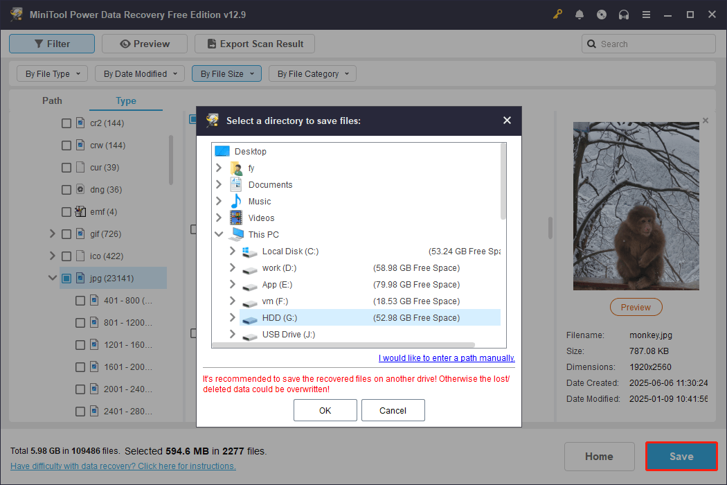 MiniTool Power Data Recovery file saving window showing available storage devices.