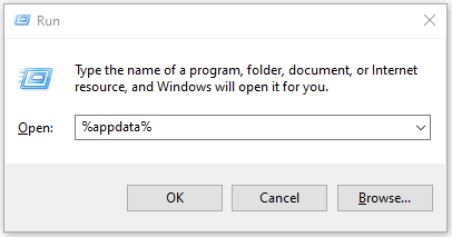 The interface of Run with the shortcut of the AppData folder.