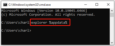The interface of Command Prompt with a command related to the AppData folder.