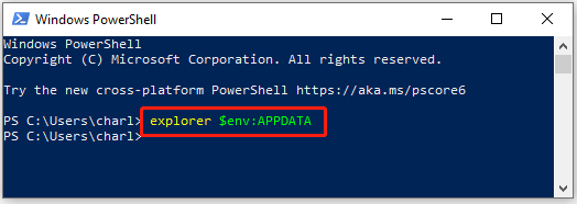 The interface of Windows PowerShell with a command related to the AppData folder.