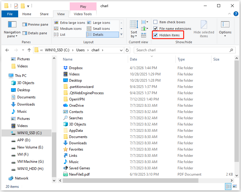 The interface of the user folder in Windows 10 File Explorer with checked Hidden items.