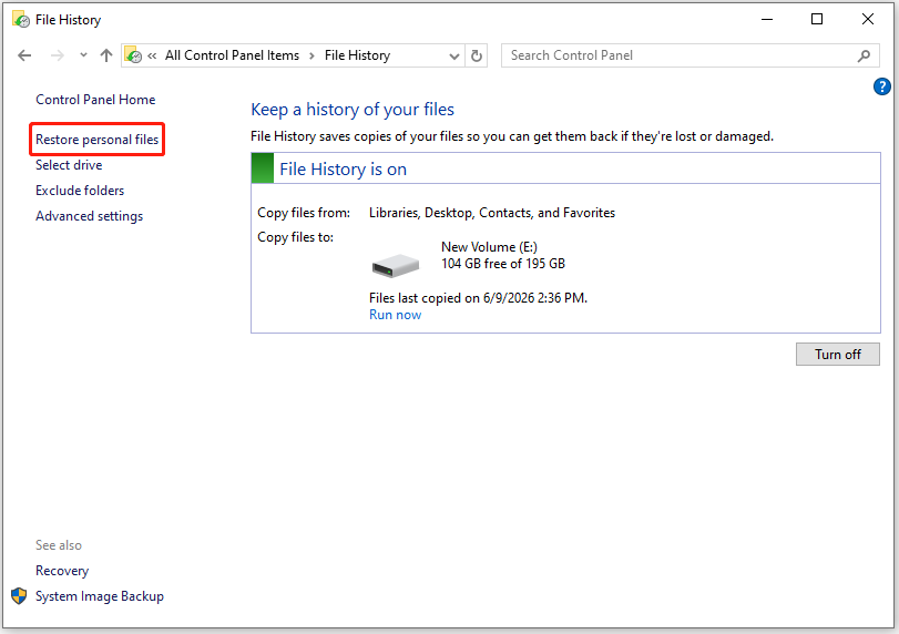 The File History window with selected Restore personal files.