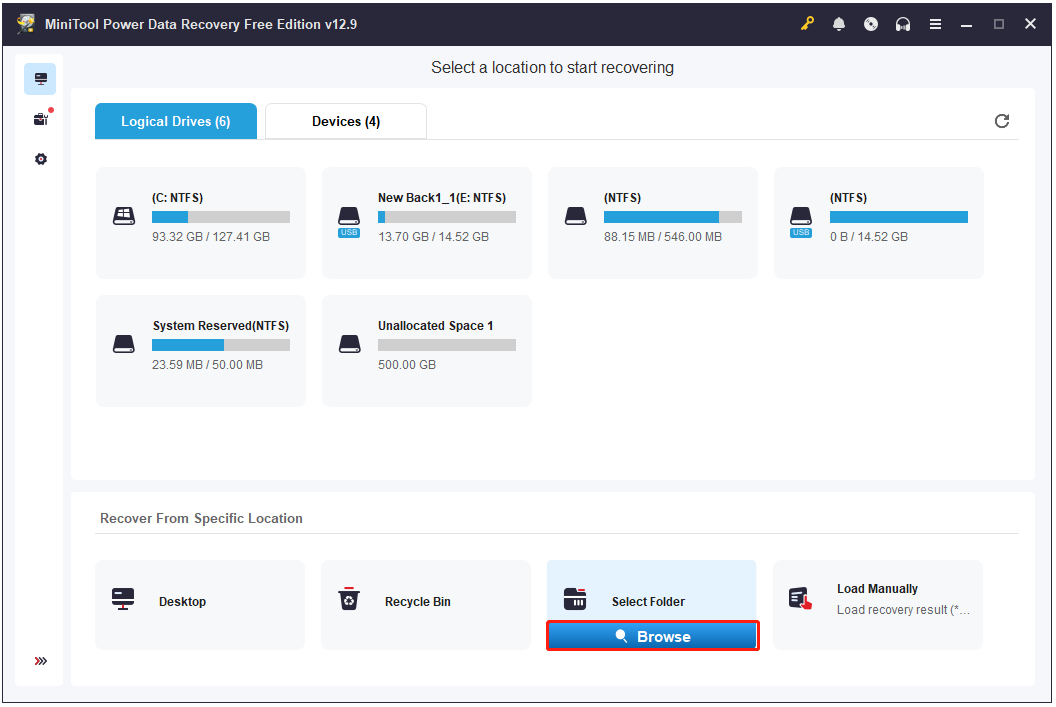 The interface of MiniTool Power Data Recovery with highlighted Select Folder and selected Browse.