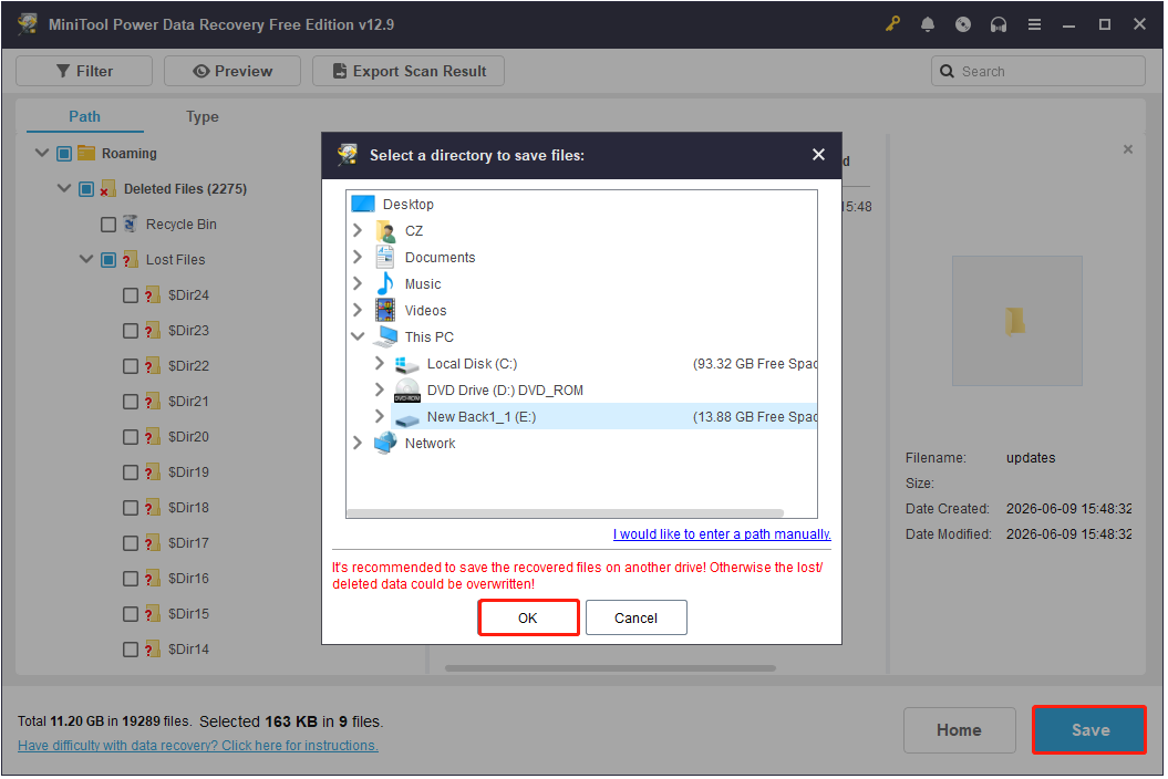 The interface of MiniTool Power Data Recovery with selected Save and OK.