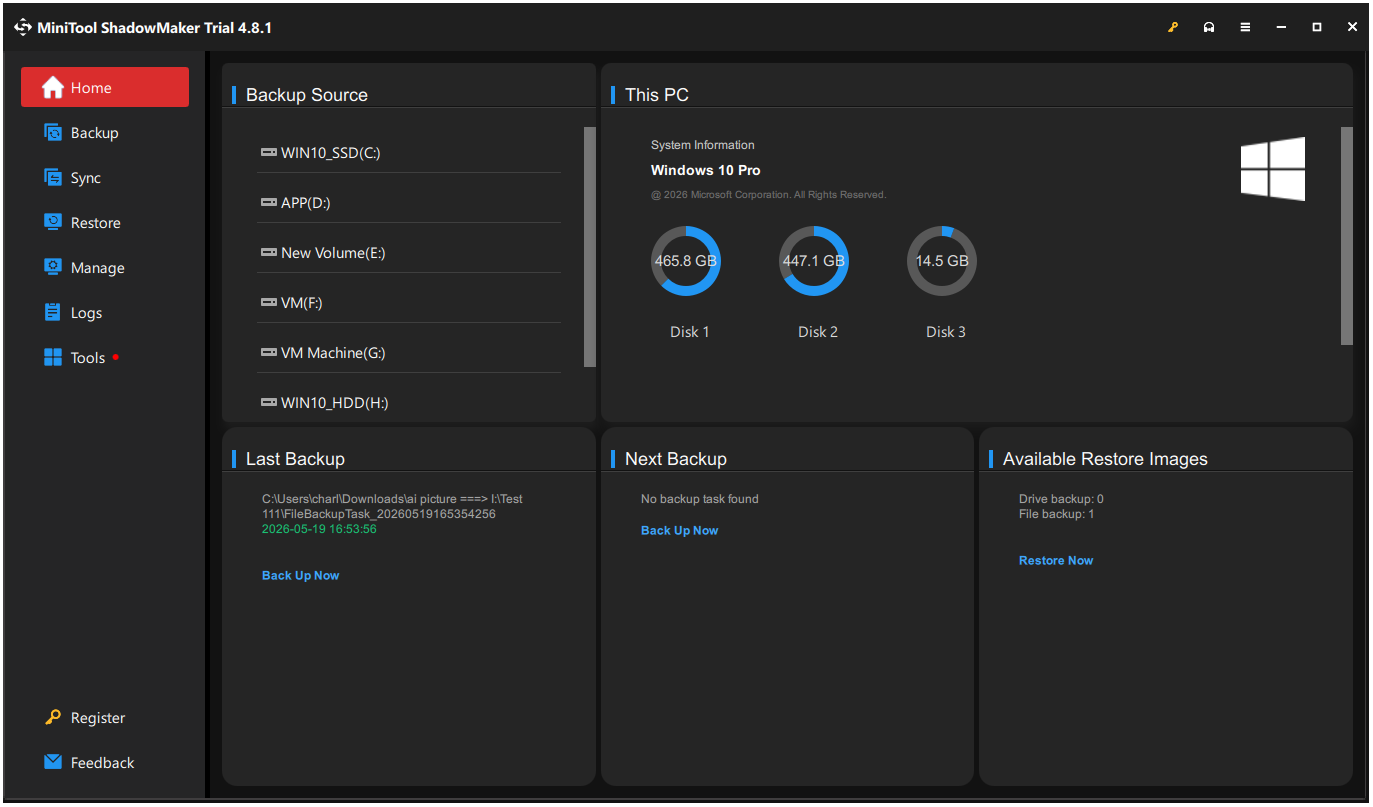 The interface of MiniTool ShadowMaker.