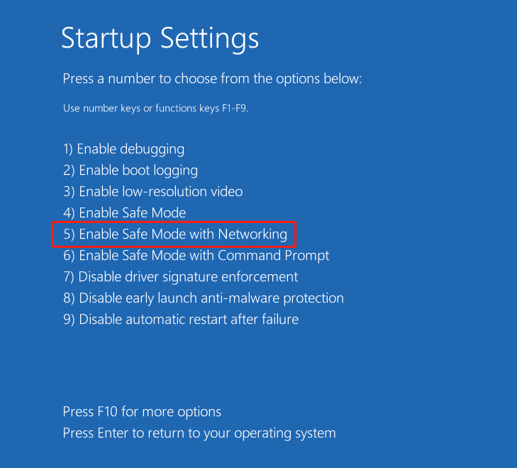 Startup Settings window showing the highlighted Enable Safe Mode with Networking option.