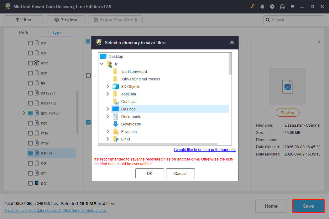 MiniTool Power Data Recovery file saving interface showing available storage directories.