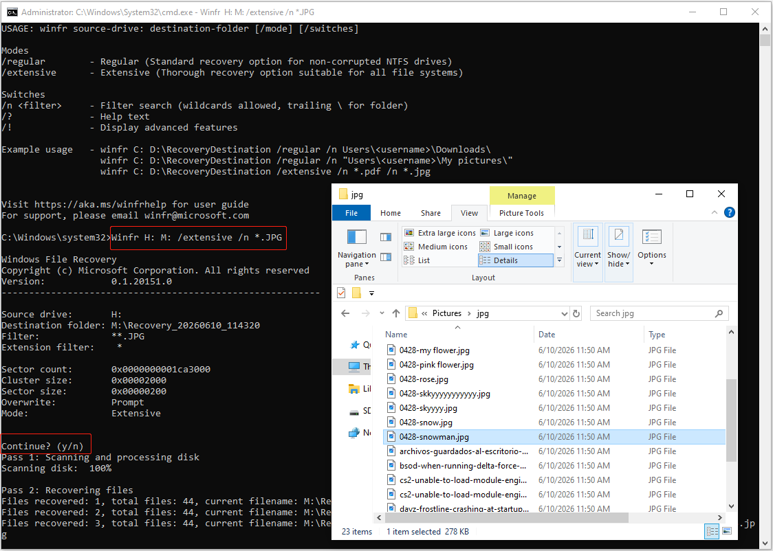 Windows File Recovery interface showing the Winfr command for photo recovery, with File Explorer displaying recovered files.